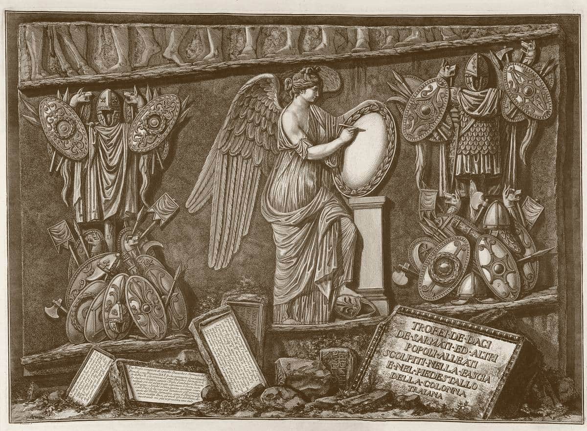 Kupferstich von Giovanni Battista Piranesi: römische Waffentrophäen und eine geflügelte Victoria, die einen Schild beschriftet — Tafel aus „Le Antichità Romane“, 1756.