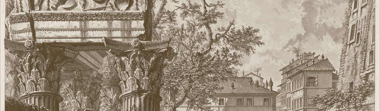 Kupferstich von Piranesi: Tempelruinen auf dem Forum Romanum.