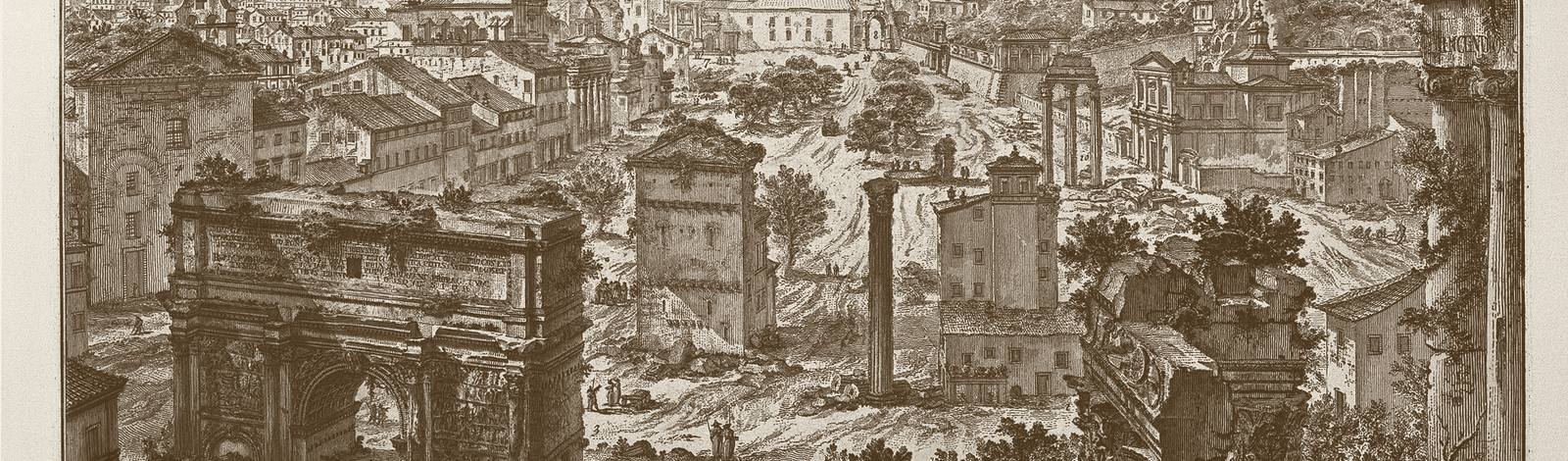 Kupferstich von Piranesi: das Forum Romanum, Campo Vaccino, mit antiken Säulen.