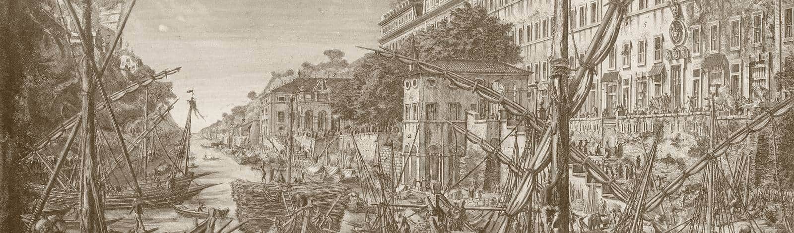 Kupferstich von Piranesi: der Hafen Porto di Ripa Grande am Tiber mit Segelschiffen und Uferbebauung.