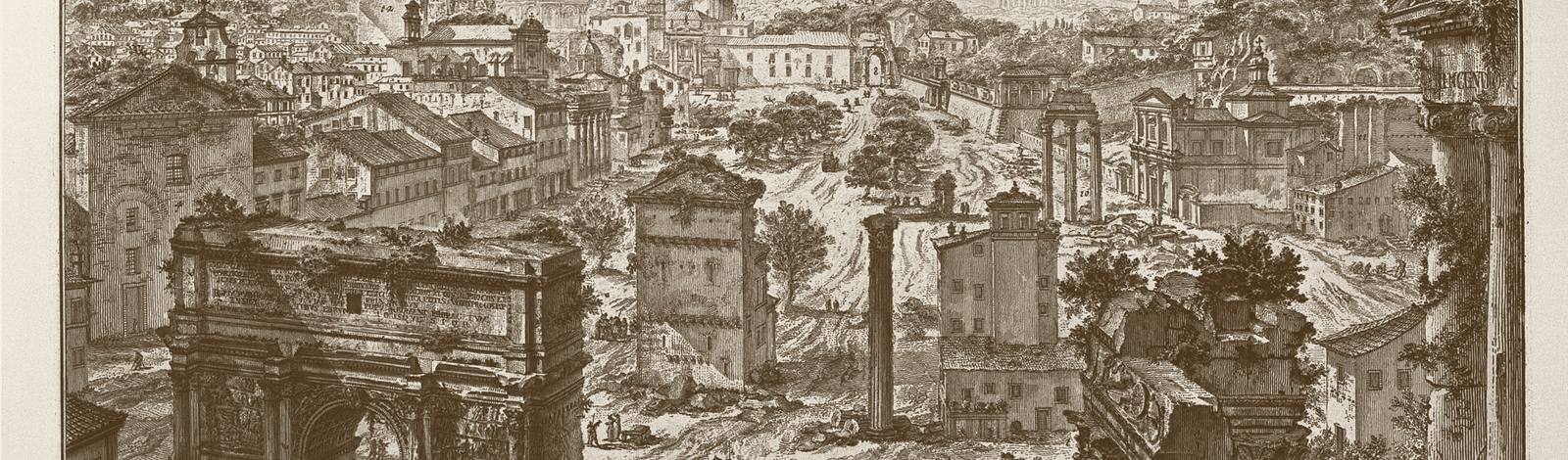 Kupferstich von Piranesi: das Forum Romanum bei ruhigem Licht.